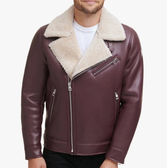 NEW GUESS Asymmetrical Faux Shearling Jacket burgundy for men 462tn